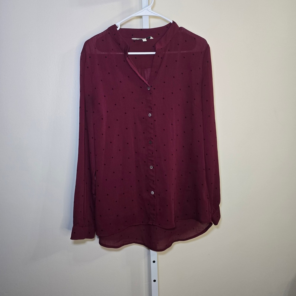 41 Hawthorn Women's Burgundy Polka Dot Long Sleeve Button Up Blouse Top sz M